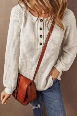 Fashion Dear-Lover Waffle Knit Buttoned Front Raglan Sleeve Loose Blouse Oatmeal