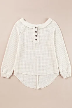 Fashion Dear-Lover Waffle Knit Buttoned Front Raglan Sleeve Loose Blouse Oatmeal