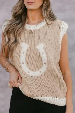 Best Dear-Lover Woven Horseshoe Color Contrast Trim Sweater Vest Oatmeal