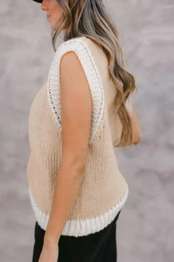 Best Dear-Lover Woven Horseshoe Color Contrast Trim Sweater Vest Oatmeal