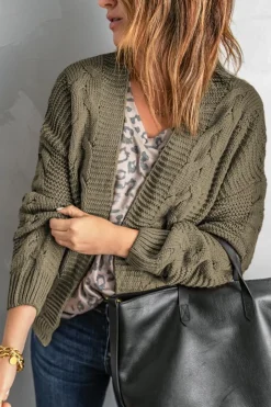 Fashion Dear-Lover Olive Chunky Wide Long Sleeve Knit Cardigan Olive Green