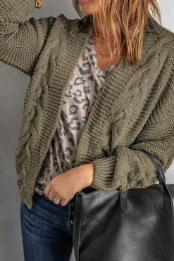 Fashion Dear-Lover Olive Chunky Wide Long Sleeve Knit Cardigan Olive Green