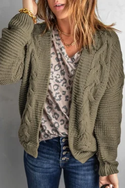 Fashion Dear-Lover Olive Chunky Wide Long Sleeve Knit Cardigan Olive Green