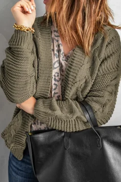 Fashion Dear-Lover Olive Chunky Wide Long Sleeve Knit Cardigan Olive Green