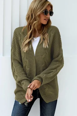 Fashion Dear-Lover Olive Chunky Wide Long Sleeve Knit Cardigan Olive Green