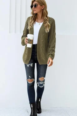 Fashion Dear-Lover Olive Chunky Wide Long Sleeve Knit Cardigan Olive Green