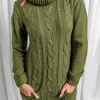 Best Dear-Lover Olive Cowl Neck Cable Knit Sweater Dress Green