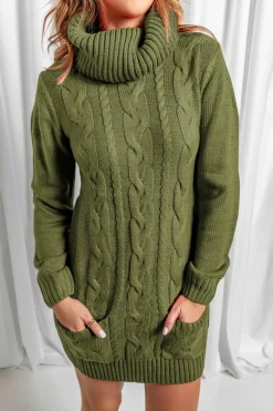 Best Dear-Lover Olive Cowl Neck Cable Knit Sweater Dress Green