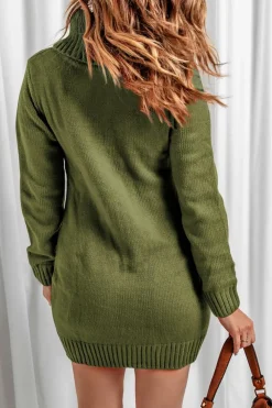 Best Dear-Lover Olive Cowl Neck Cable Knit Sweater Dress Green