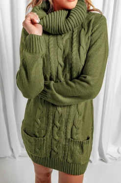 Best Dear-Lover Olive Cowl Neck Cable Knit Sweater Dress Green