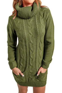 Best Dear-Lover Olive Cowl Neck Cable Knit Sweater Dress Green