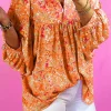 Discount Dear-Lover Abstract Print Collared V Neck Babydoll Blouse Orange