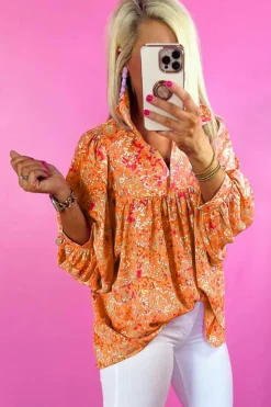 Discount Dear-Lover Abstract Print Collared V Neck Babydoll Blouse Orange