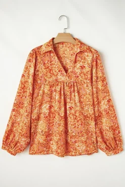 Discount Dear-Lover Abstract Print Collared V Neck Babydoll Blouse Orange
