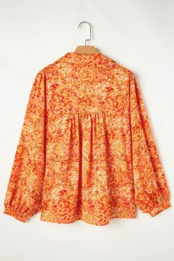 Discount Dear-Lover Abstract Print Collared V Neck Babydoll Blouse Orange