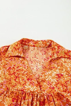 Discount Dear-Lover Abstract Print Collared V Neck Babydoll Blouse Orange