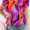 Clearance Dear-Lover Abstract Print Flutter Sleeve Peplum Blouse Orange