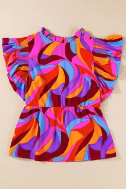 Clearance Dear-Lover Abstract Print Flutter Sleeve Peplum Blouse Orange