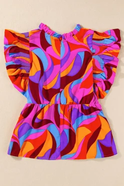 Clearance Dear-Lover Abstract Print Flutter Sleeve Peplum Blouse Orange