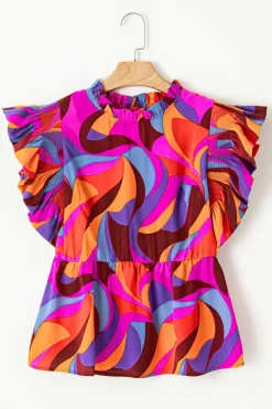 Clearance Dear-Lover Abstract Print Flutter Sleeve Peplum Blouse Orange