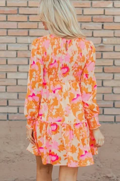 Outlet Dear-Lover Abstract Print Smocked Lantern Sleeve Ruffle Mini Dress Orange