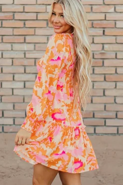 Outlet Dear-Lover Abstract Print Smocked Lantern Sleeve Ruffle Mini Dress Orange