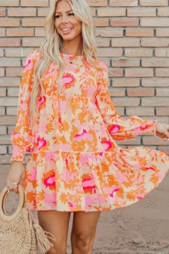 Outlet Dear-Lover Abstract Print Smocked Lantern Sleeve Ruffle Mini Dress Orange