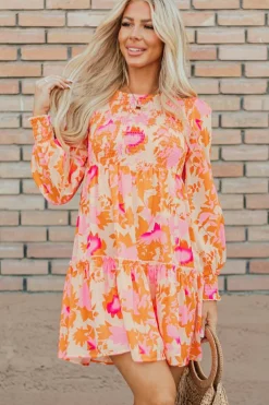 Outlet Dear-Lover Abstract Print Smocked Lantern Sleeve Ruffle Mini Dress Orange