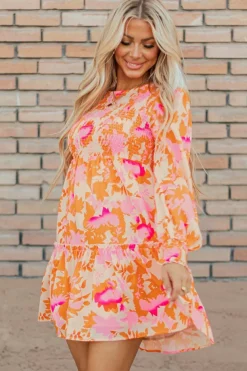 Outlet Dear-Lover Abstract Print Smocked Lantern Sleeve Ruffle Mini Dress Orange
