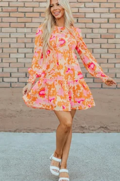 Outlet Dear-Lover Abstract Print Smocked Lantern Sleeve Ruffle Mini Dress Orange