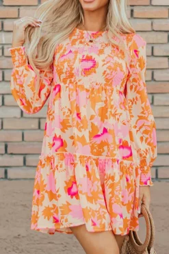 Outlet Dear-Lover Abstract Print Smocked Lantern Sleeve Ruffle Mini Dress Orange