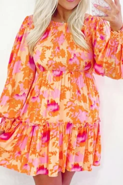Outlet Dear-Lover Abstract Print Smocked Lantern Sleeve Ruffle Mini Dress Orange