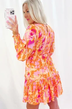 Outlet Dear-Lover Abstract Print Smocked Lantern Sleeve Ruffle Mini Dress Orange