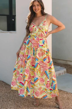 Hot Dear-Lover Abstract Print Spaghetti Strap Piping Detail Maxi Dres Orange