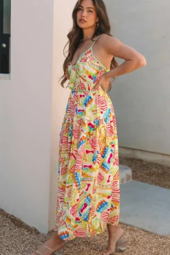 Hot Dear-Lover Abstract Print Spaghetti Strap Piping Detail Maxi Dres Orange