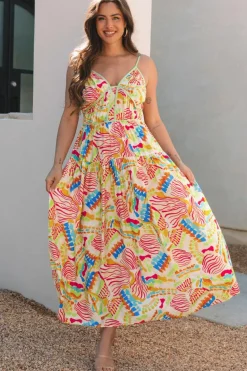 Hot Dear-Lover Abstract Print Spaghetti Strap Piping Detail Maxi Dres Orange