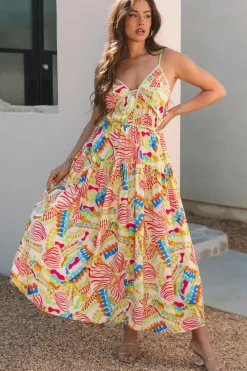 Hot Dear-Lover Abstract Print Spaghetti Strap Piping Detail Maxi Dres Orange