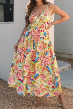 Hot Dear-Lover Abstract Print Spaghetti Strap Piping Detail Maxi Dres Orange