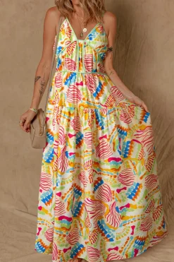 Hot Dear-Lover Abstract Print Spaghetti Strap Piping Detail Maxi Dres Orange