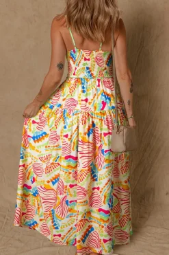 Hot Dear-Lover Abstract Print Spaghetti Strap Piping Detail Maxi Dres Orange