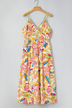 Hot Dear-Lover Abstract Print Spaghetti Strap Piping Detail Maxi Dres Orange