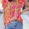 Outlet Dear-Lover Abstract Print V Neck Ruffled Sleeve Blouse Orange