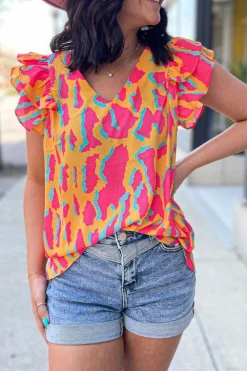 Outlet Dear-Lover Abstract Print V Neck Ruffled Sleeve Blouse Orange