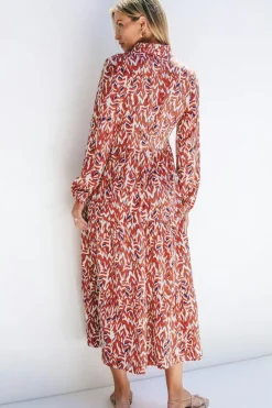 New Dear-Lover Abstract Print V Neck Pleated High Waist Midi Dress Orange