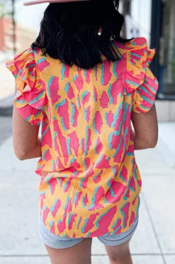 Outlet Dear-Lover Abstract Print V Neck Ruffled Sleeve Blouse Orange