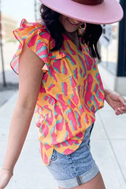 Outlet Dear-Lover Abstract Print V Neck Ruffled Sleeve Blouse Orange