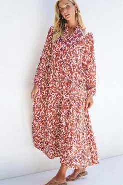 New Dear-Lover Abstract Print V Neck Pleated High Waist Midi Dress Orange