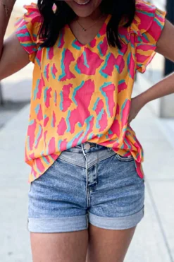 Outlet Dear-Lover Abstract Print V Neck Ruffled Sleeve Blouse Orange