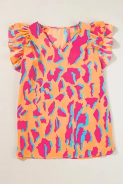 Outlet Dear-Lover Abstract Print V Neck Ruffled Sleeve Blouse Orange