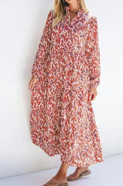 New Dear-Lover Abstract Print V Neck Pleated High Waist Midi Dress Orange